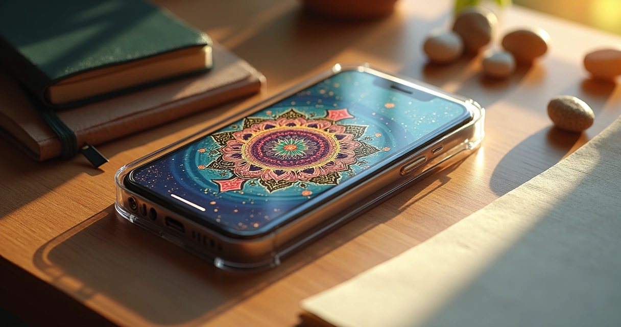 Mandala colorida impressa colada em capinha de celular transparente com fundo branco 