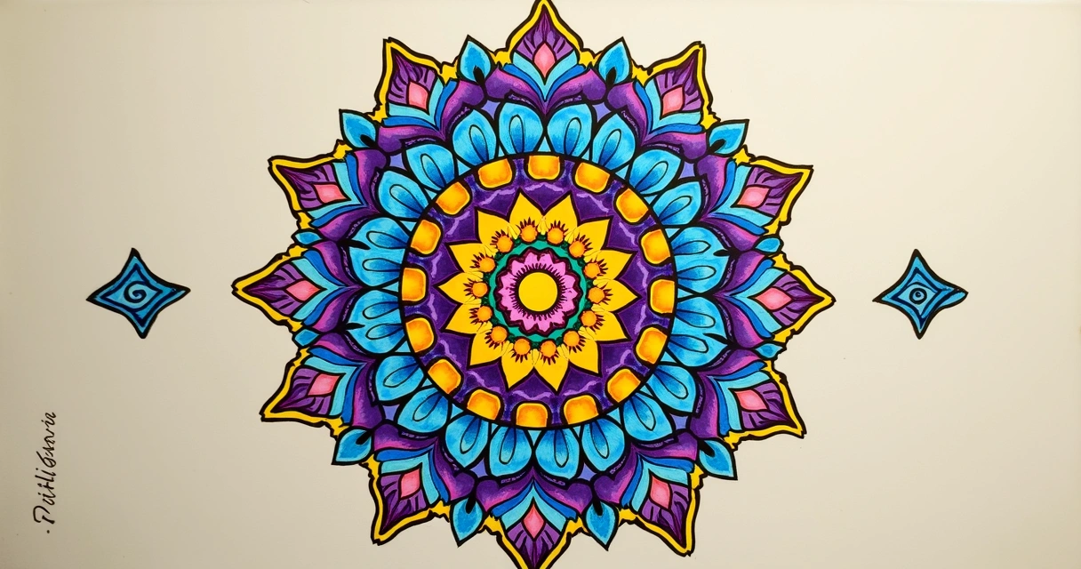 Mandala colorida com desenhos geométricos entrelaçados 