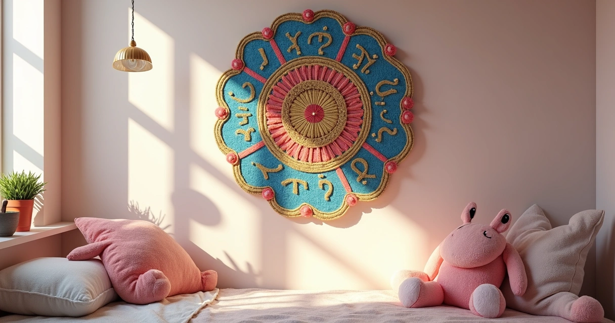 Mandala colorida pendurada em parede de quarto infantil