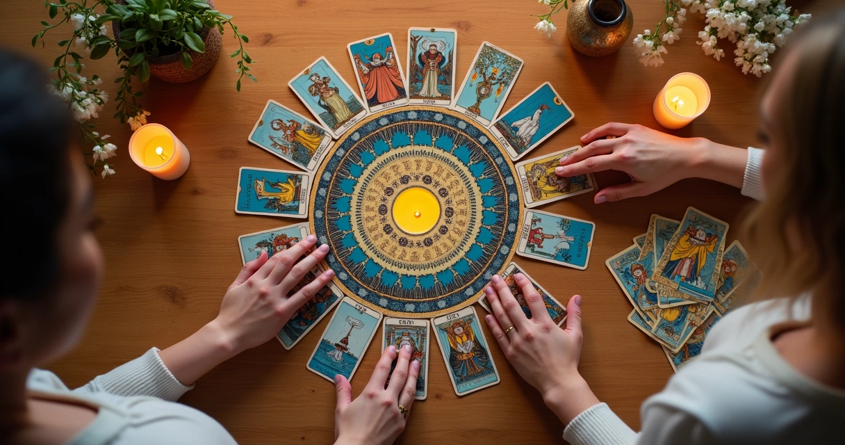 Mandalas feitas com cartas de tarot coloridas sobre mesa de madeira clara 