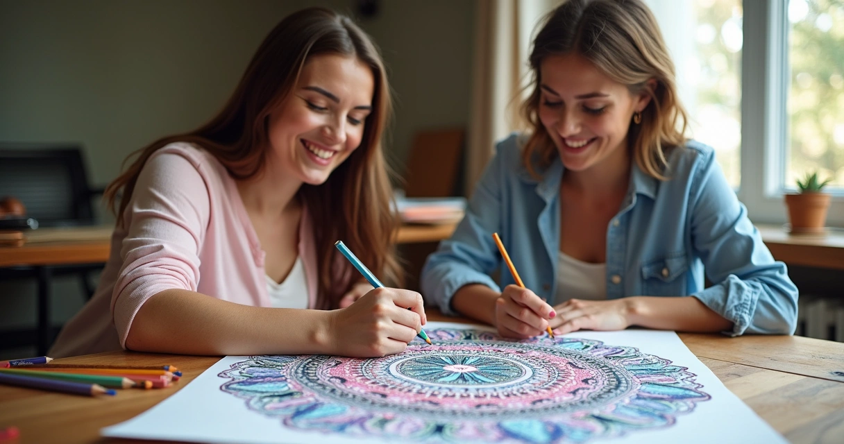 Mandalas coloridas entre duas mãos femininas 
