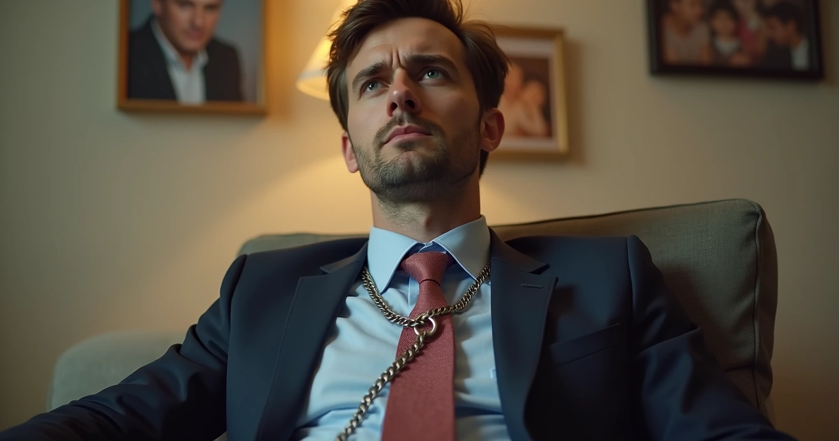 Persona con una cadena simulada como si fuera una corbata alrededor del cuello