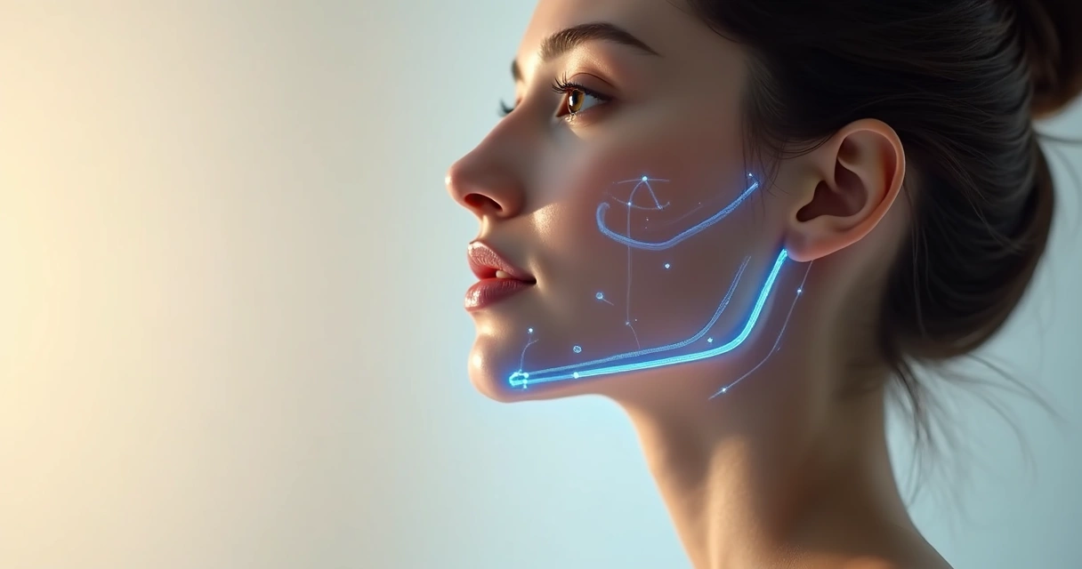 Perfil facial feminino com tecnologia 3D realçando mandíbula definida 