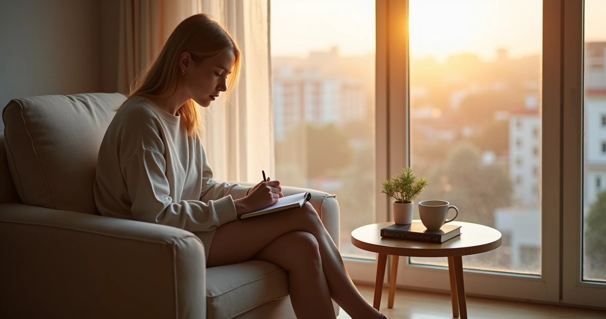 Persona reflexionando frente a una ventana mientras escribe en un cuaderno 