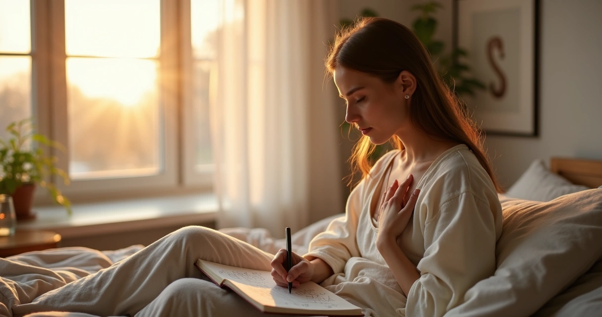Persona reflexionando tranquila frente a un cuaderno practicando autovaloración diaria 