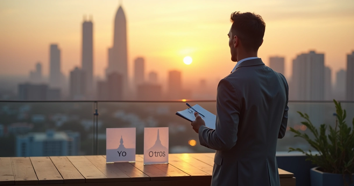 Persona reflexionando sobre expectativas propias y ajenas frente a un paisaje urbano al atardecer 