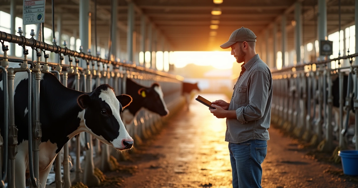 Produtor de leite observando vacas em ordenha em estábulo organizado 