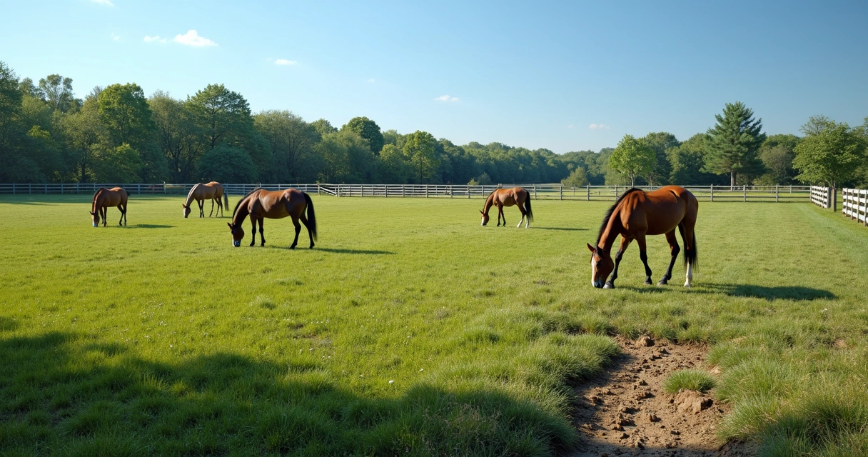 Pastagem com áreas danificadas e manejo inadequado em haras, cercas e cavalos ao fundo 