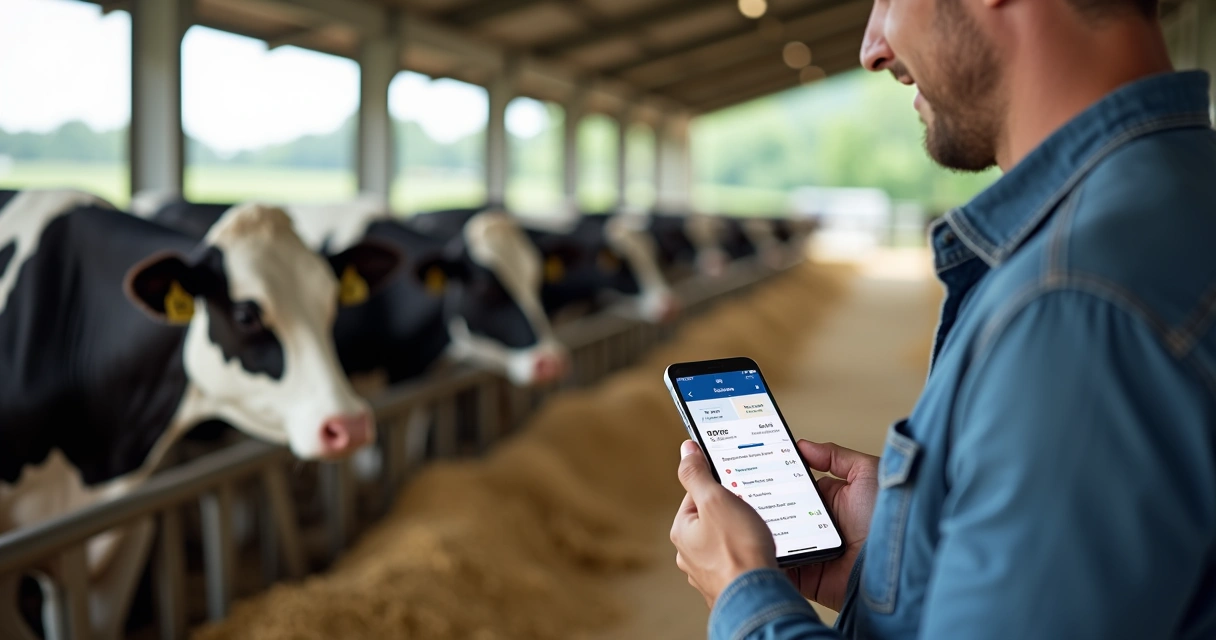 Produtor registrando dados reprodutivos de vaca leiteira no aplicativo em meio ao rebanho 