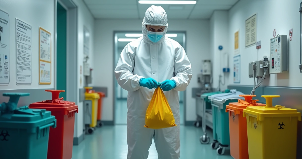 Profissional de saúde usando equipamento de proteção manuseando resíduos hospitalares em sacos coloridos identificados 