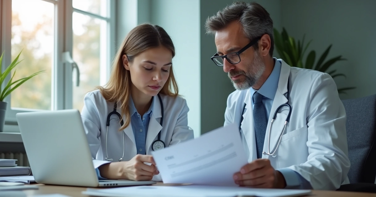 Advogado orientando médico sobre documentação em consultório moderno