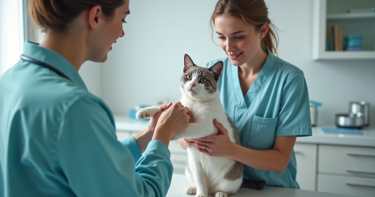 Veterinário realizando contenção suave em gato durante exame clínico 