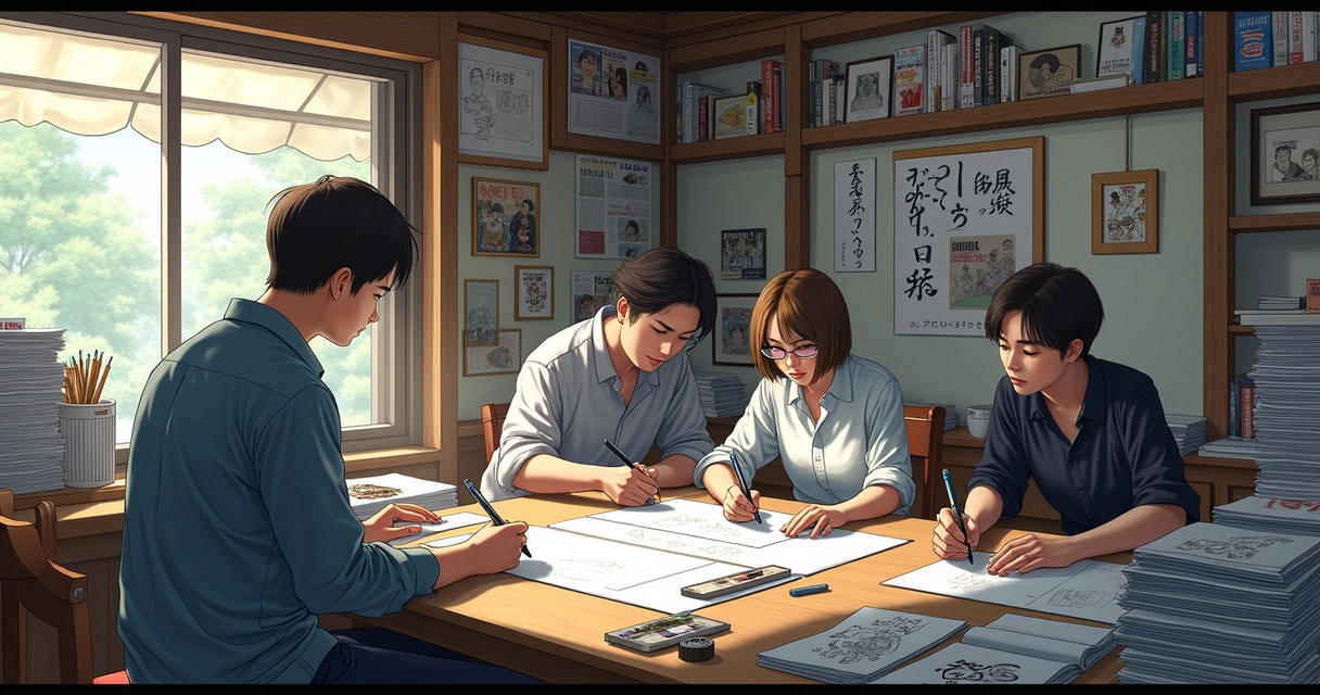 Mangaká desenhando com assistentes em estúdio japonês 