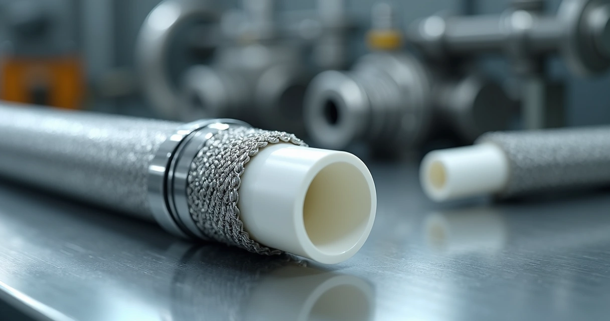 Mangueira de PTFE com malha de aço inox em bancada industrial