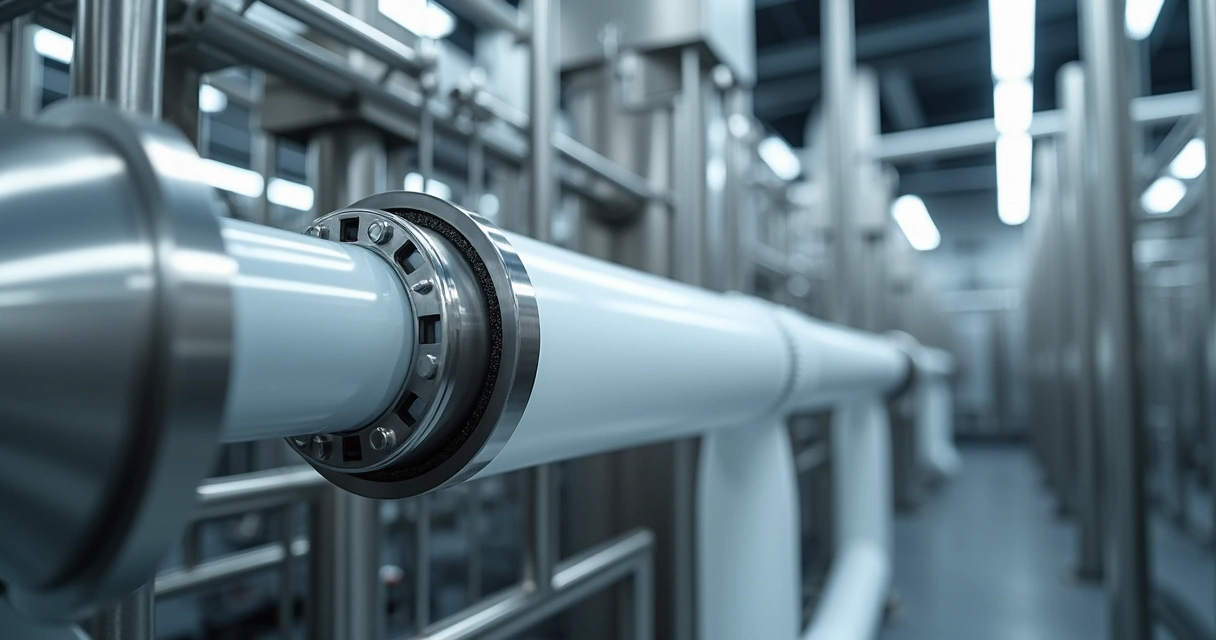 Mangueira de teflon PTFE instalada em linha industrial 