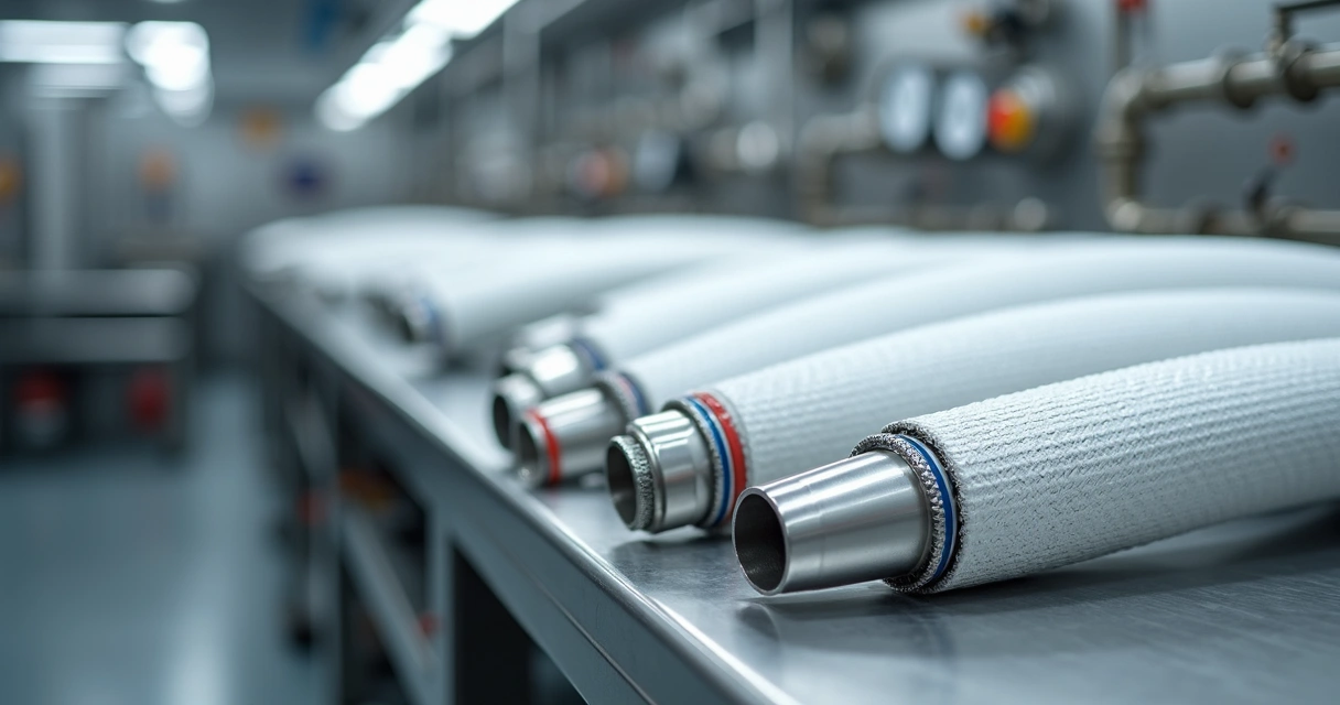 Mangueiras em PTFE reforçadas com inox organizadas em bancada industrial 