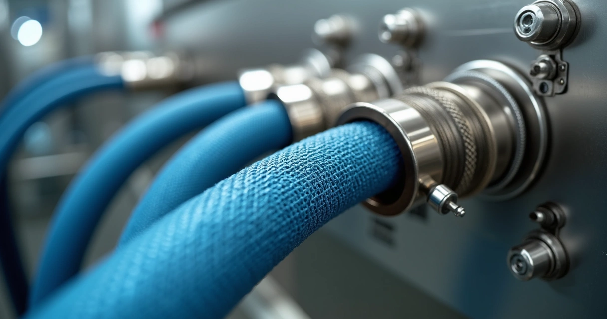 Mangueiras industriais reforçadas instaladas em equipamento de produção 
