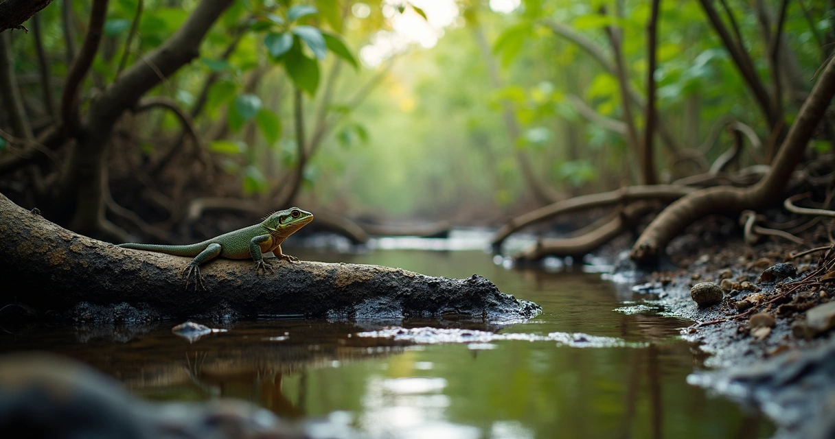 Trilha em manguezal com raízes e lagarto ao sol