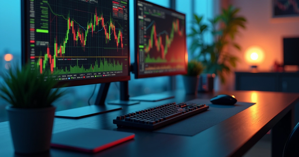 Tela de computador exibindo gráficos financeiros digitais com linhas e números em fundo escuro 