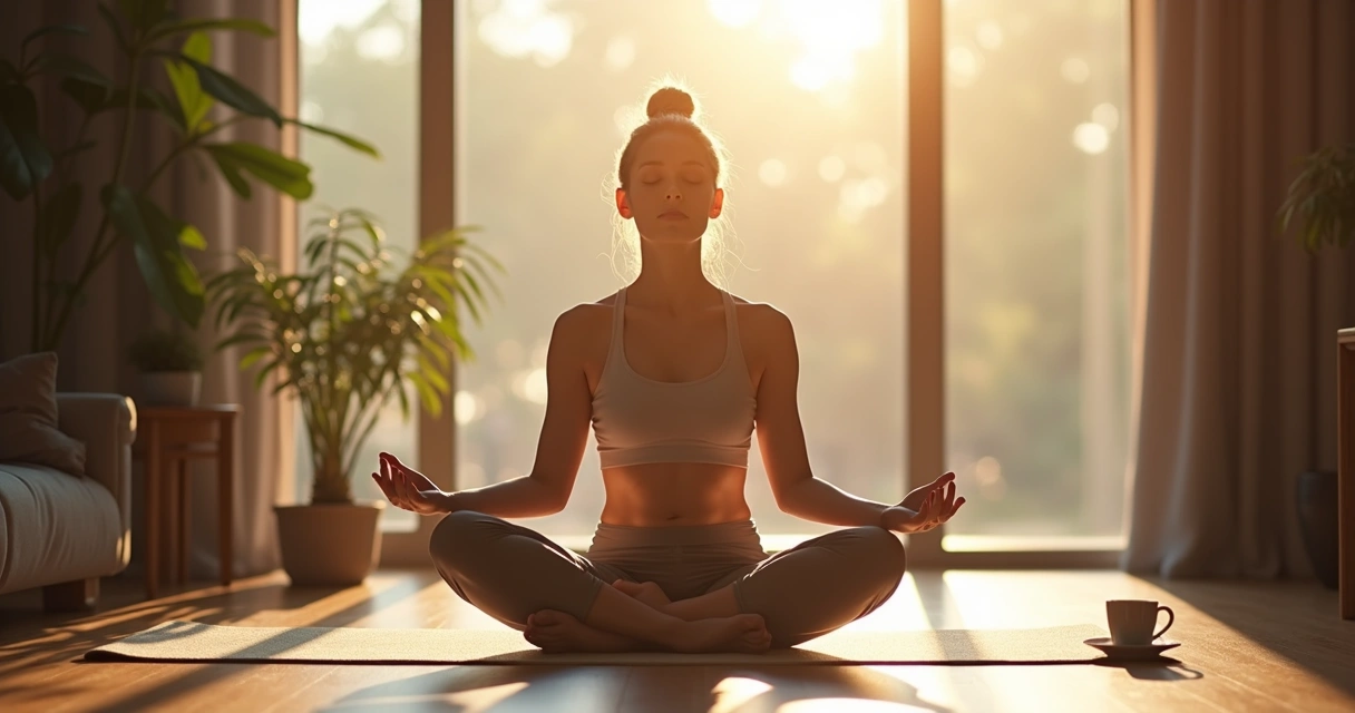 Mulher sentada praticando meditação sob a luz do sol matinal 