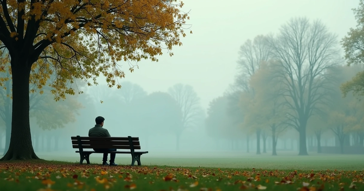 Pessoa sentada sozinha em banco de parque com céu nublado 
