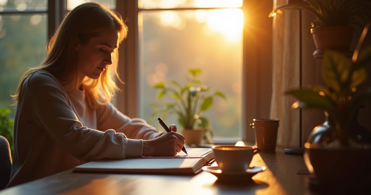 Pessoa escrevendo intenções do dia em um caderno ao lado da janela ao amanhecer 
