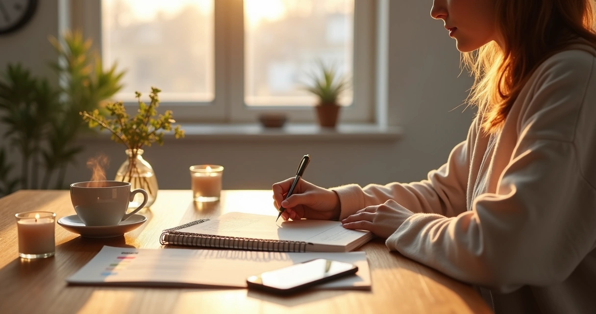 Pessoa sentada à mesa olhando calendário aberto e escrevendo num caderno ao amanhecer 