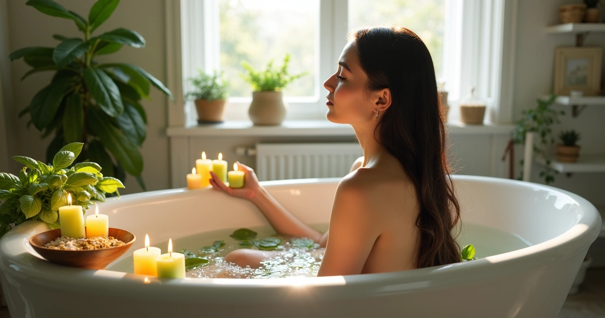 Mulher segura folhas de arruda e manjericão em uma banheira com flores 