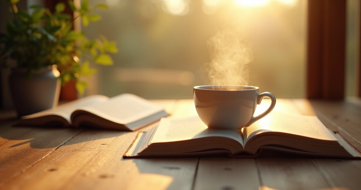 Xícara de café e livro sobre mesa ao amanhecer 