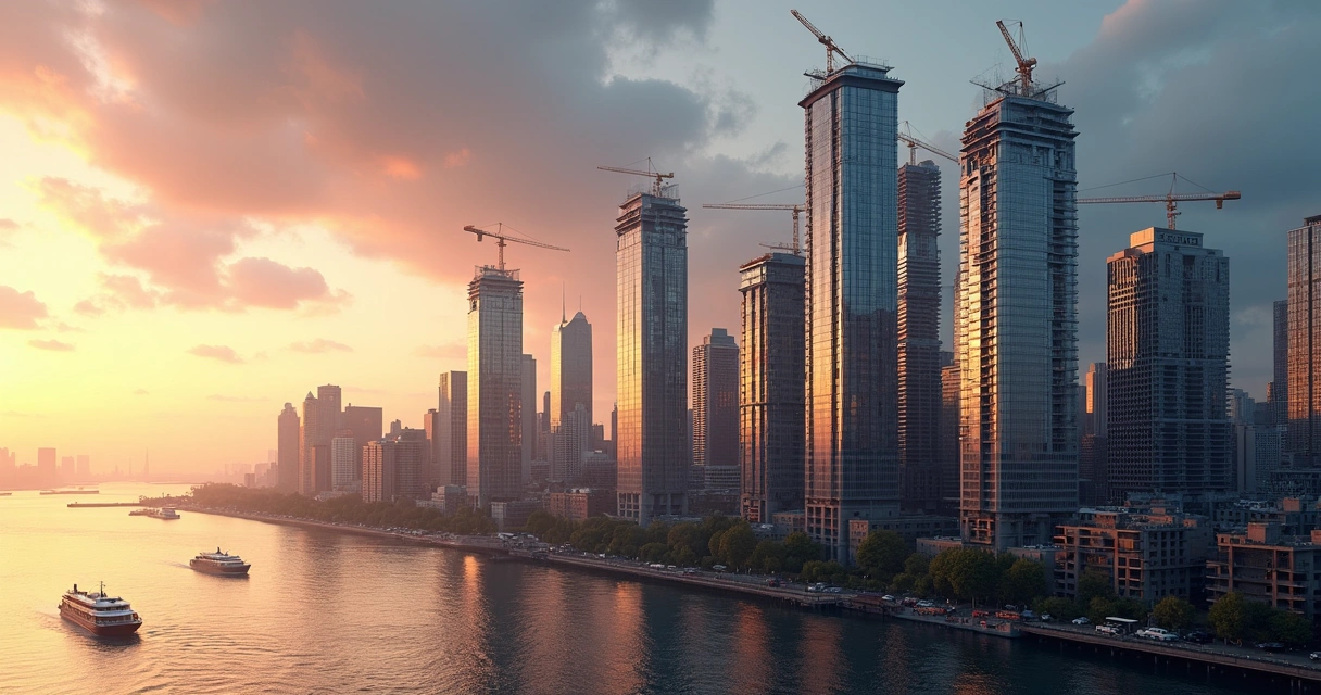 Future Manhattan skyline with cranes and glass towers at sunset 