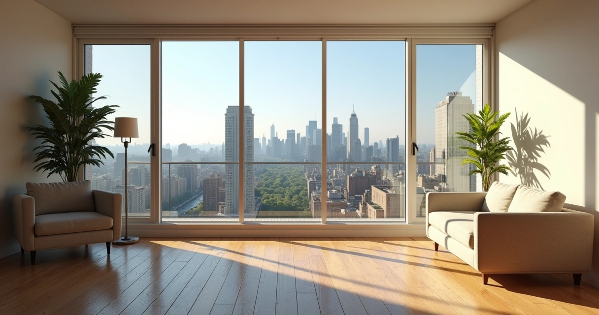 View from a Manhattan apartment window with city skyline 