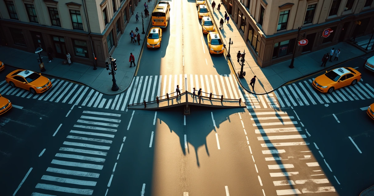 Overhead view of Manhattan street with shadow of broken financial bridge shape 