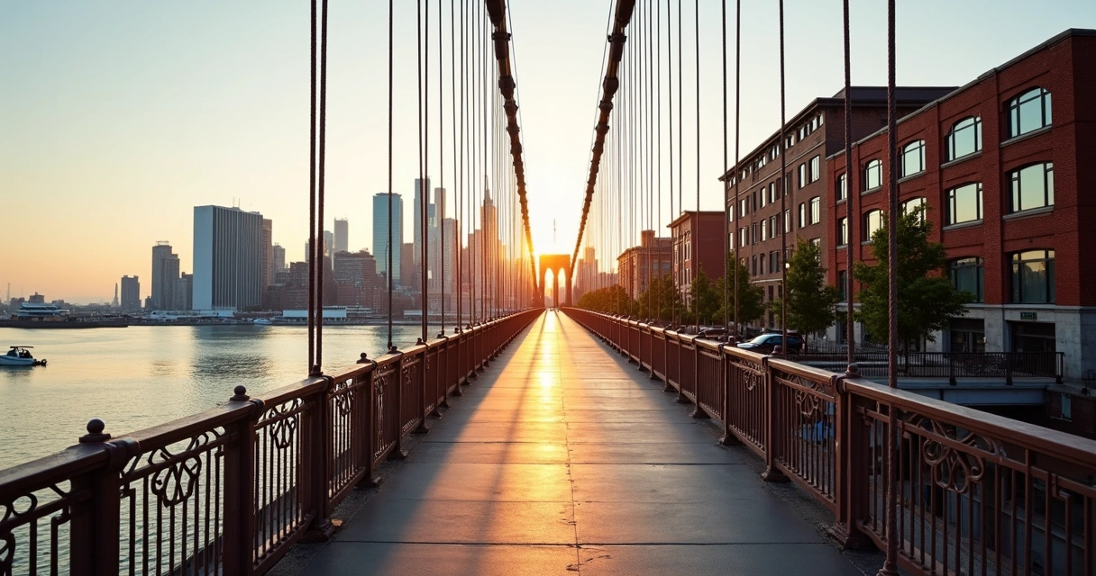 Split view of Manhattan and Brooklyn luxury skyline from bridge at sunrise 
