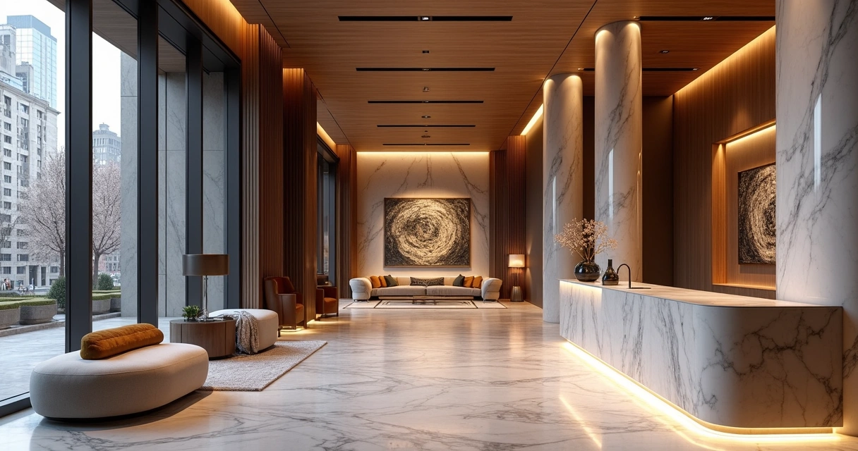 Modern luxury condo lobby in Manhattan with concierge, art, and lounge space