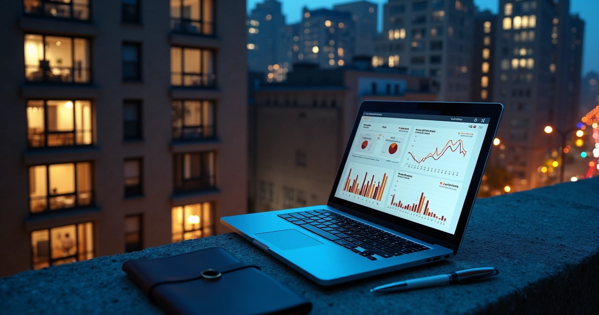 Vacant Manhattan apartment at night with glowing data showing rental underperformance 