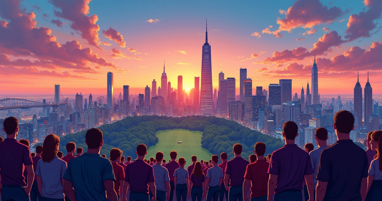 Vista panorâmica de Manhattan mostrando Empire State e skyline ao entardecer