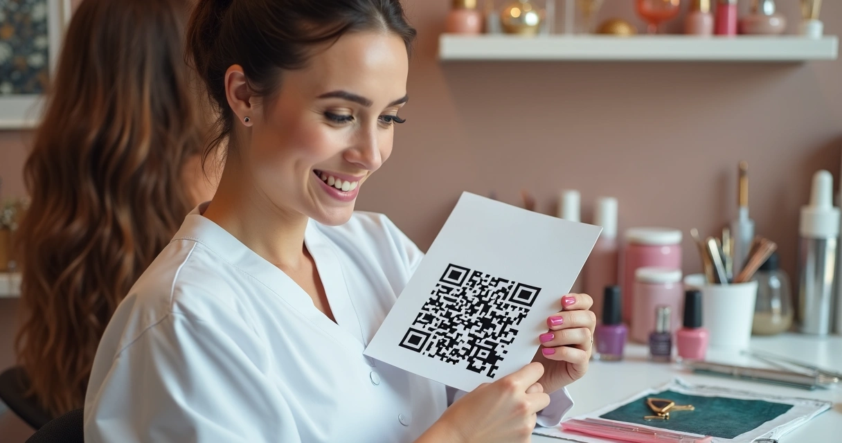 Manicure mostrando QRCode em material impresso para cliente 