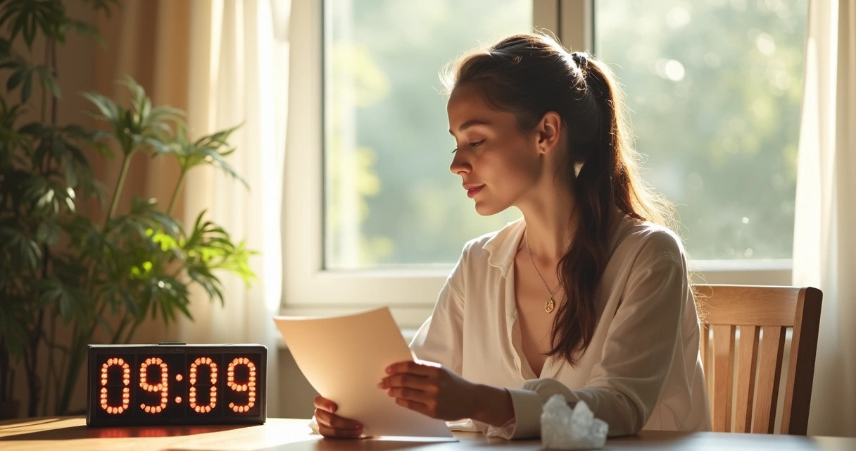 Mulher segurando uma carta nas mãos, com expressão esperançosa e relógio mostrando 09:09 ao fundo. 