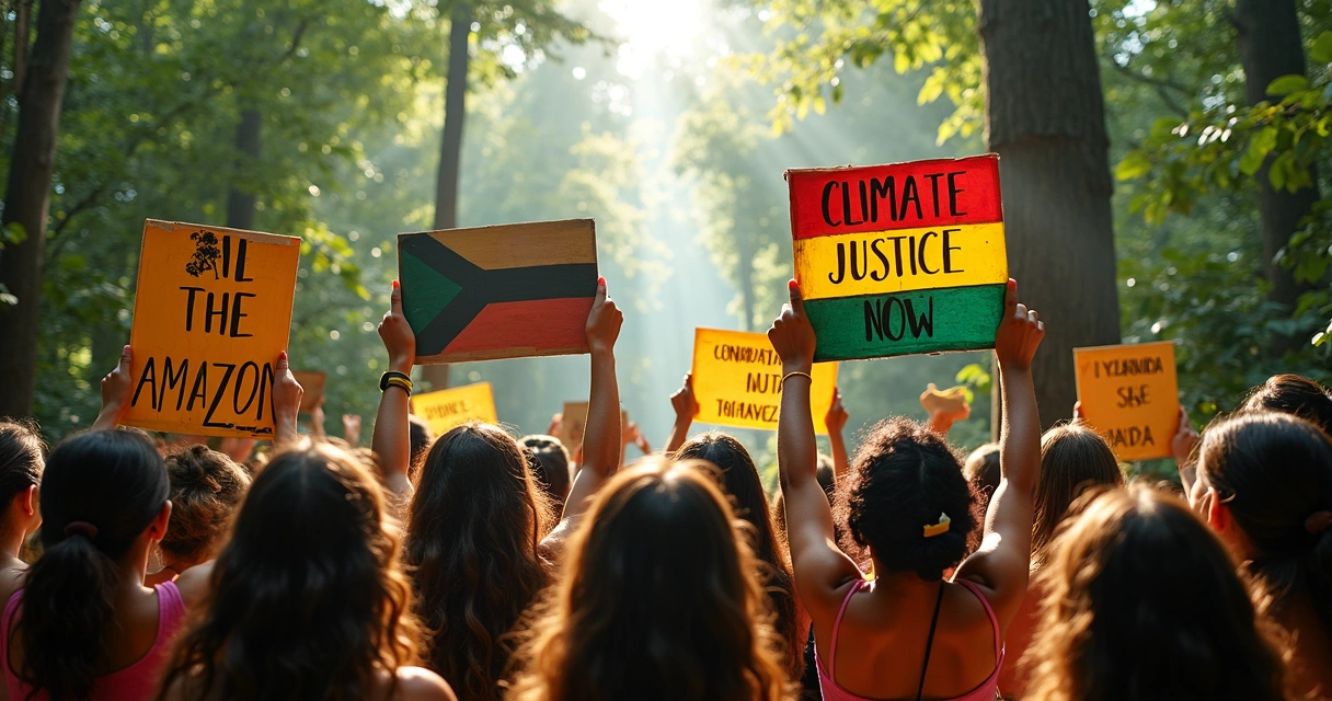 Ativistas segurando cartazes pró-Amazônia em frente a floresta tropical 