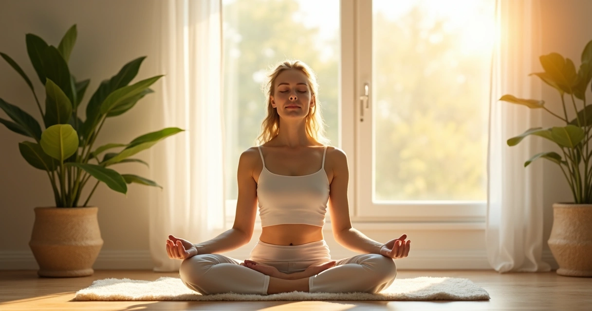 Mulher meditando em silêncio diante de uma janela com luz suave, trazendo sensação de renovação amorosa