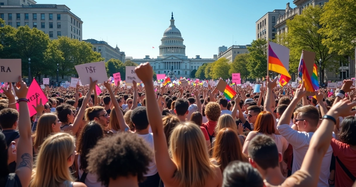 Manifestação com pessoas segurando cartazes coloridos em movimento de protesto coletivo