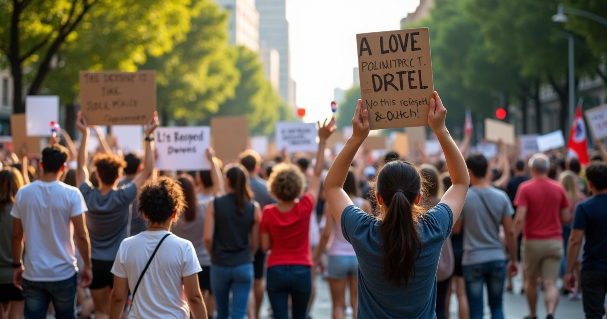 Manifestação pacífica com pessoas segurando cartazes de diferentes opiniões políticas