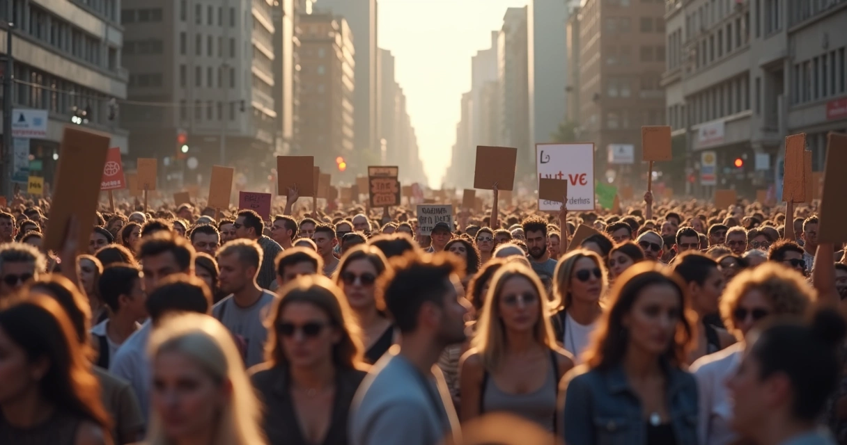 Manifestação de pessoas com cartazes em uma rua