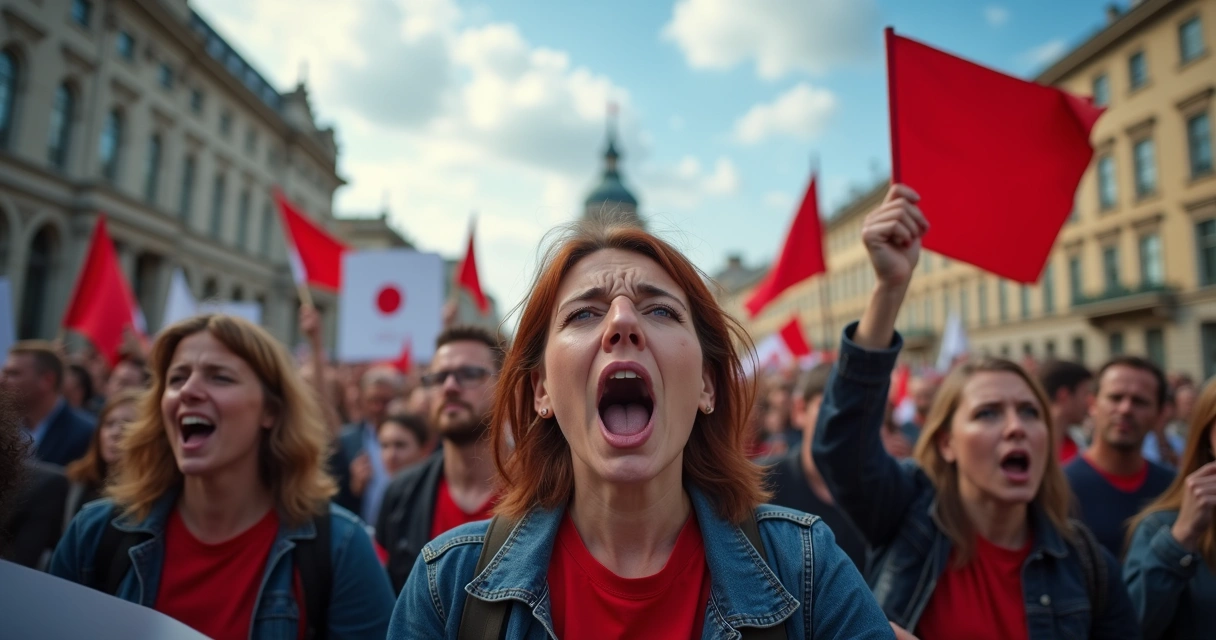 Manifestantes políticos com expressões de raiva em protesto urbano