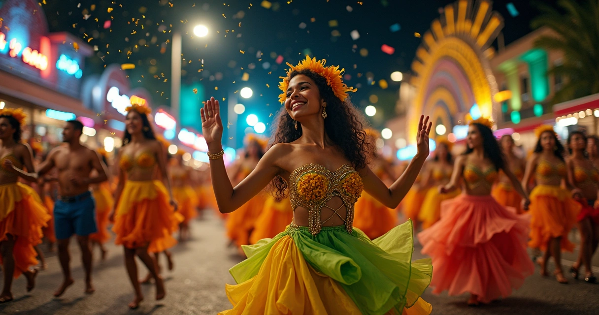 Desfile de carnaval com fantasias tradicionais coloridas 