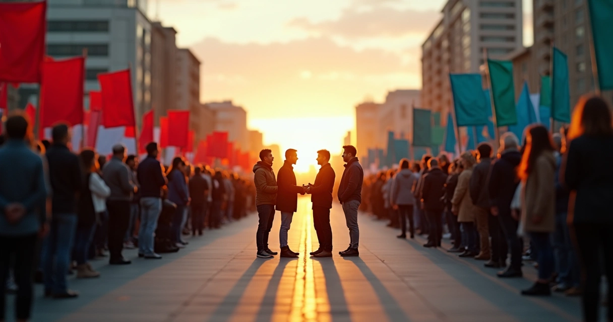 Manifestantes segurando faixas políticas em protesto urbano separado por linha de luz ao centro 