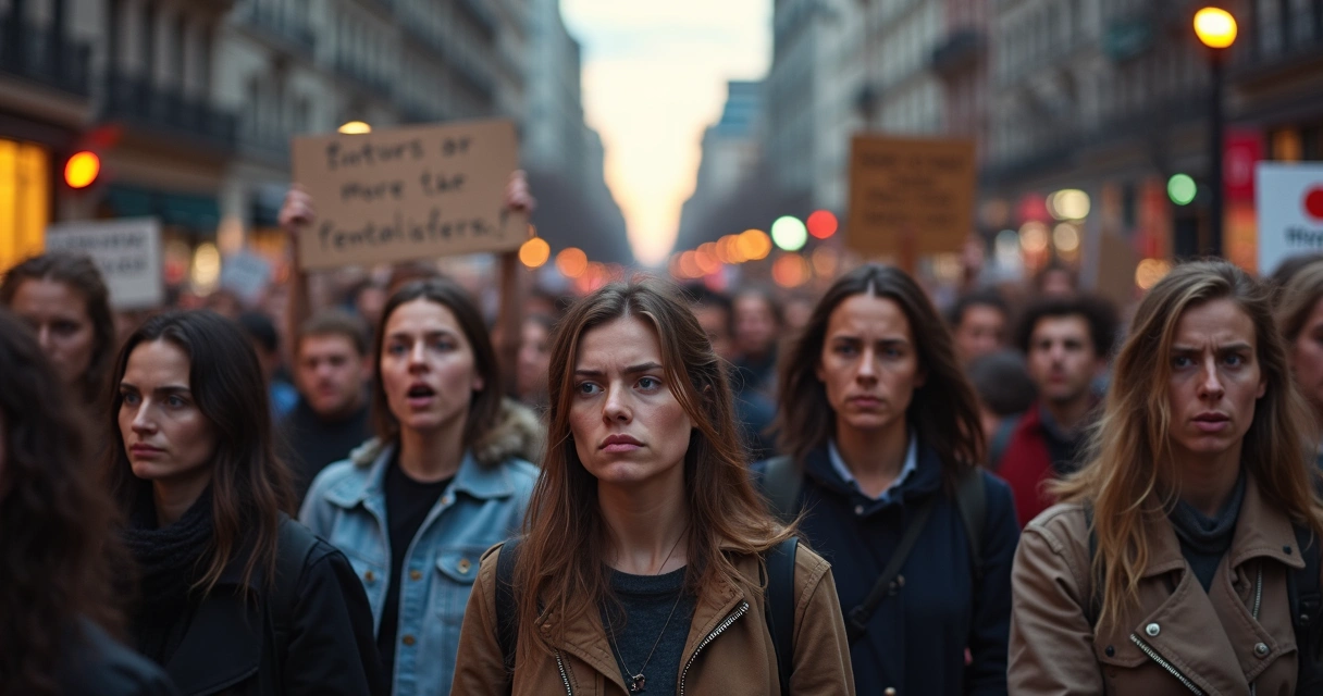 Manifestantes em protesto com expressões faciais variadas