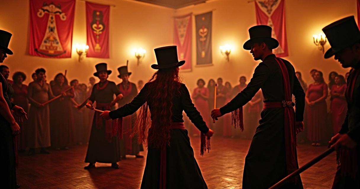 Mediuns incorporados na festa de Tranca Rua em terreiro de Umbanda 