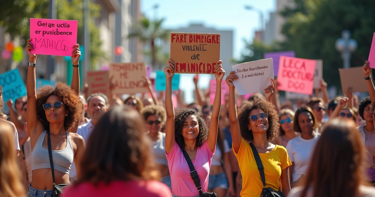 Manifestação feminista contra a violência de gênero, cartazes e diversidade 