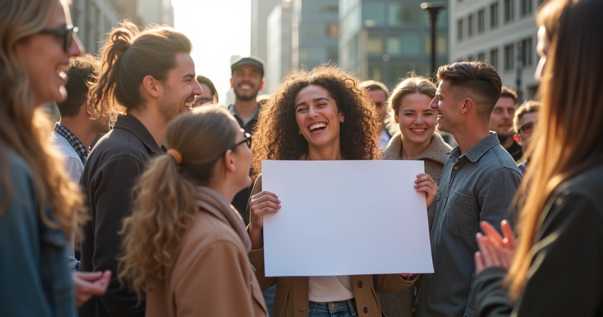 Grupo diverso de pessoas confraternizando e algumas segurando cartazes 